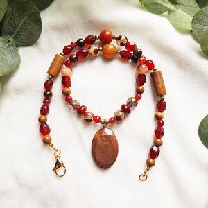 Brown Jasper & Red Jade Beaded Pendant Necklace - 24k Gold Plated Stainless
